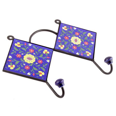 Navy Blue And Yellow Wheel Flower Ceramic Tiles Hooks
